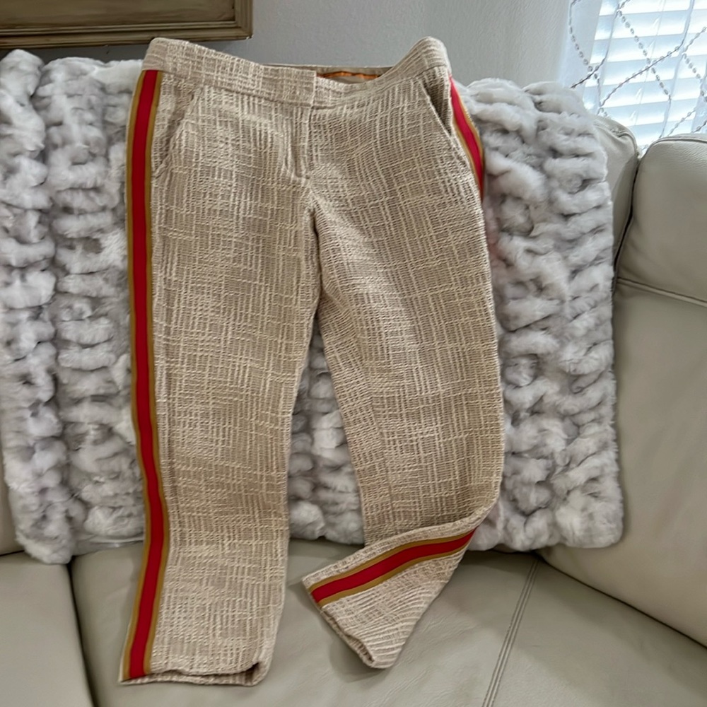 Tory Burch cropped twill pants with tuxedo stripe.